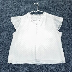 J.Crew White Swiss Dot Flutter Sleeve Ruffle Neck Blouse Top XL Womens